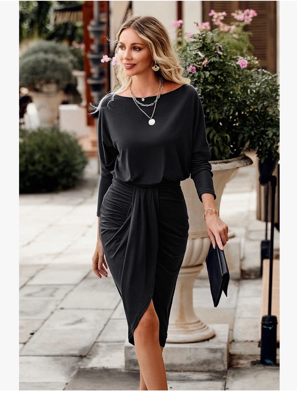 Chic Black Asymmetrical Draped Midi Dress